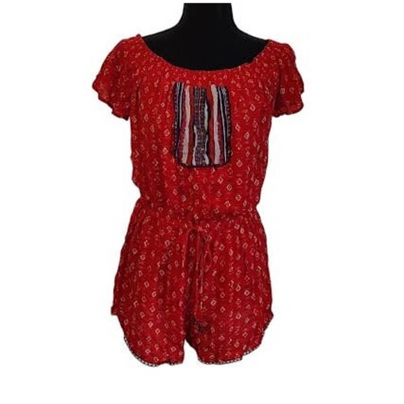Xhilaration Red Boho Print Short Sleeve Romper Small - Picture 1 of 5